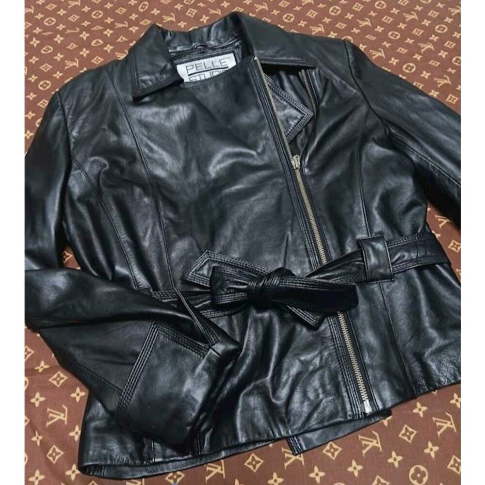 Wilsons BLACK‎ Leather Jacket Womens M Pelle Studio Thinsulate Lined TIE BELT
